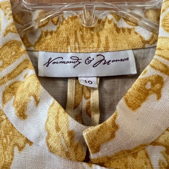 Normandy & Monroe Yellow White Print Linen Blazer Jacket Luxury Gathered Hem 10 - Picture 2 of 12